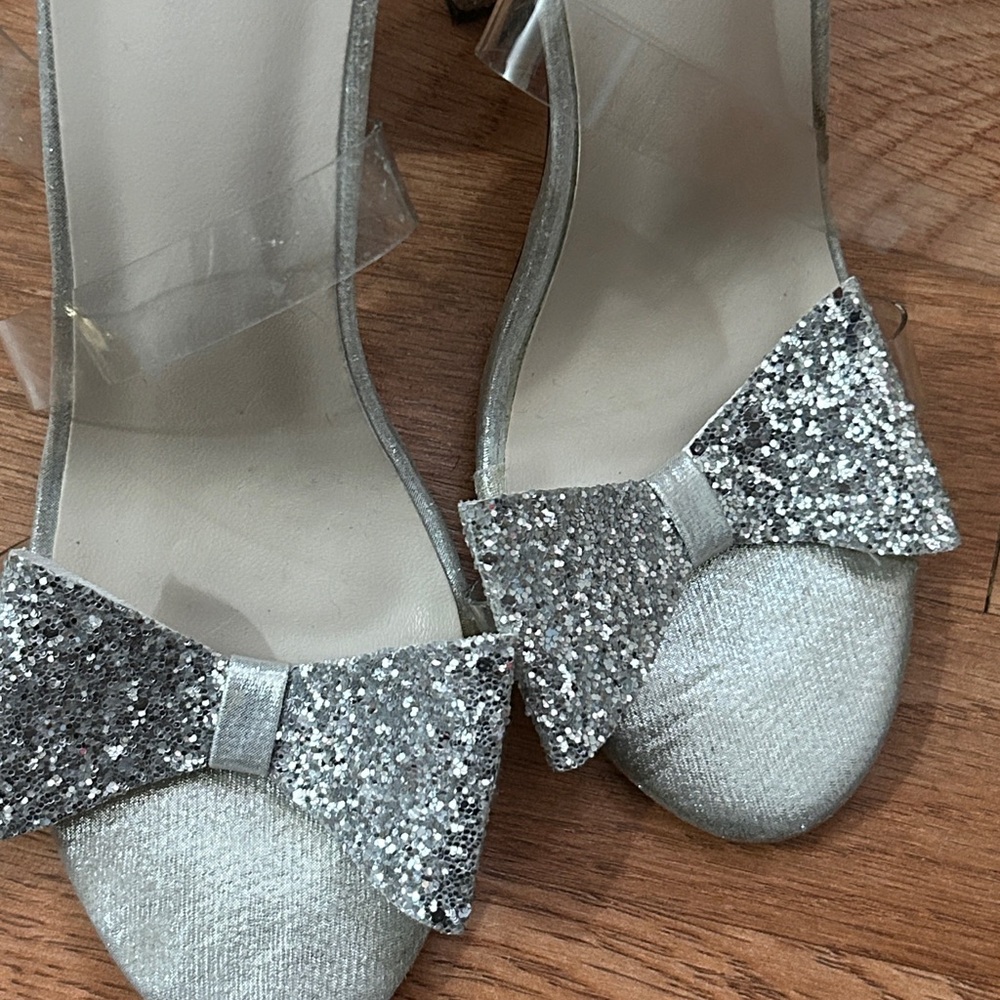 Silver Glitter Bow Peep-Toe Heels - Women